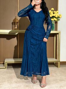 Modelyn Plus Size Elegant Party Formal Formal Wedding Solid Color Lace 3D Floral Decor Dress Navy Blue Autumn Fall - Black - View 4