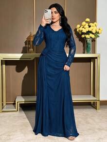 Modelyn Plus Size Elegant Party Formal Formal Wedding Solid Color Lace 3D Floral Decor Dress Navy Blue Autumn Fall - Black - View 2