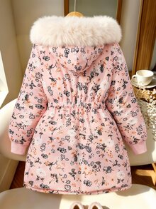 SHEIN 女童甜美秋冬加厚保暖內裡 3D 時尚優雅精緻極簡酷感毛領絨毛長大衣，適合戶外、派對與舞會，粉紅色 - 粉色 - 查看 2