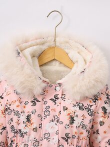SHEIN 女童甜美秋冬加厚保暖內裡 3D 時尚優雅精緻極簡酷感毛領絨毛長大衣，適合戶外、派對與舞會，粉紅色 - 粉色 - 查看 4