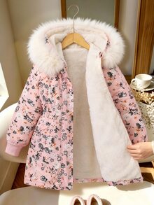 SHEIN 女童甜美秋冬加厚保暖內裡 3D 時尚優雅精緻極簡酷感毛領絨毛長大衣，適合戶外、派對與舞會，粉紅色 - 粉色 - 查看 9
