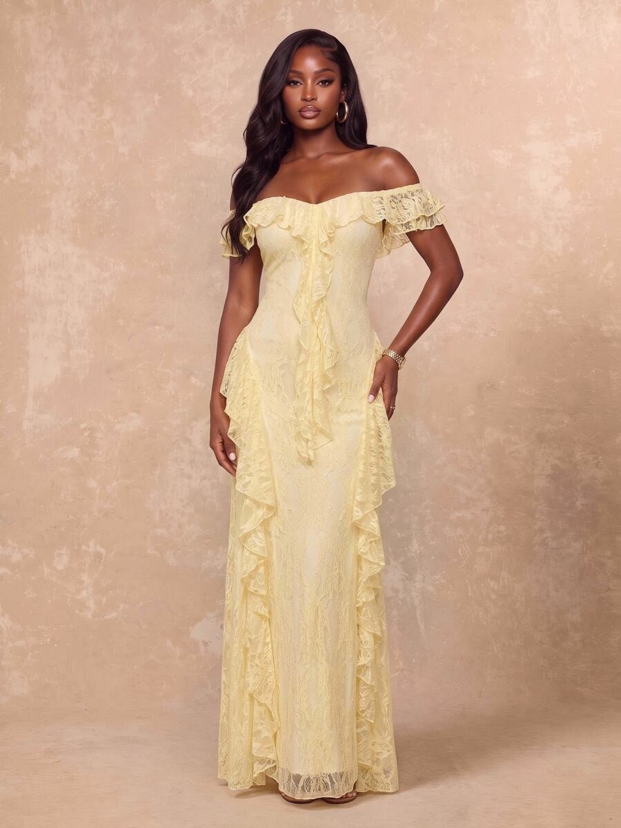 Lumalex Winter Fall Elegant Lace Square Neck Ruffle Waist Flared Hem Long Dress Going Out Vacation Outfits Cruise Outfit For Women