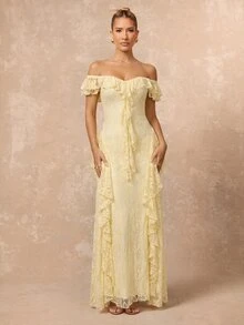 Lumalex Winter Fall Elegant Lace Square Neck Ruffle Waist Flared Hem Long Dress Going Out Vacation Outfits Cruise Outfit For Women - Light Yellow - View 10
