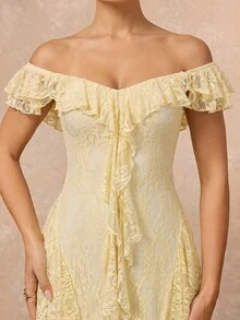 Lumalex Winter Fall Elegant Lace Square Neck Ruffle Waist Flared Hem Long Dress Going Out Vacation Outfits Cruise Outfit For Women - Light Yellow - View 8