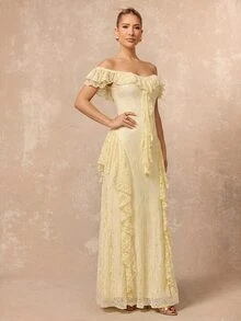 Lumalex Winter Fall Elegant Lace Square Neck Ruffle Waist Flared Hem Long Dress Going Out Vacation Outfits Cruise Outfit For Women - Light Yellow - View 7