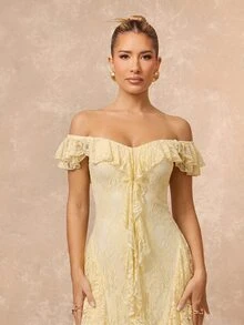 Lumalex Winter Fall Elegant Lace Square Neck Ruffle Waist Flared Hem Long Dress Going Out Vacation Outfits Cruise Outfit For Women - Light Yellow - View 9
