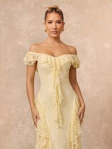 Lumalex Winter Fall Elegant Lace Square Neck Ruffle Waist Flared Hem Long Dress Going Out Vacation Outfits Cruise Outfit For Women - Light Yellow - View 11