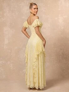 Lumalex Winter Fall Elegant Lace Square Neck Ruffle Waist Flared Hem Long Dress Going Out Vacation Outfits Cruise Outfit For Women - Light Yellow - View 6
