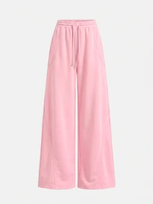 SHEIN Teen Girls Light Gray Loose Drawstring Wide Leg Fleece Sweatpants, Pockets, Fall Clothes Back To School, Fall Outfits, Pants, Sporty, Cozy, Winter - Pink - View 5
