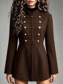 Yalmera Women's Autumn/Winter Solid Color Double-Breasted Zipper Placket Napoleon Overcoat - Brown - View 11