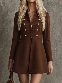 Yalmera Women's Autumn/Winter Solid Color Double-Breasted Zipper Placket Napoleon Overcoat - Brown - View 8