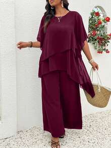 Rometta Plus Size Burgundy Summer Elegant Wedding Chiffon 2 Pieces Set,Asymmetrical Cross Layer Ruffle Flared Sleeve Top And Wide Leg Pants,Business Casual - Burgundy - View 9