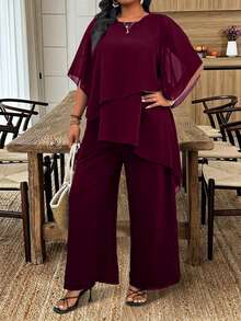 Rometta Plus Size Burgundy Summer Elegant Wedding Chiffon 2 Pieces Set,Asymmetrical Cross Layer Ruffle Flared Sleeve Top And Wide Leg Pants,Business Casual - Burgundy - View 8