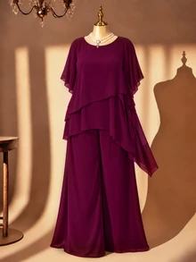Rometta Plus Size Burgundy Summer Elegant Wedding Chiffon 2 Pieces Set,Asymmetrical Cross Layer Ruffle Flared Sleeve Top And Wide Leg Pants,Business Casual - Burgundy - View 11