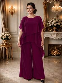 Rometta Plus Size Burgundy Summer Elegant Wedding Chiffon 2 Pieces Set,Asymmetrical Cross Layer Ruffle Flared Sleeve Top And Wide Leg Pants,Business Casual - Burgundy - View 3
