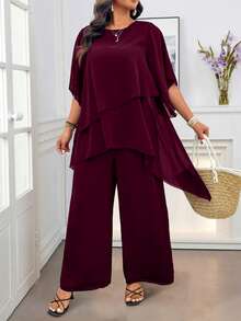 Rometta Plus Size Burgundy Summer Elegant Wedding Chiffon 2 Pieces Set,Asymmetrical Cross Layer Ruffle Flared Sleeve Top And Wide Leg Pants,Business Casual - Burgundy - View 7