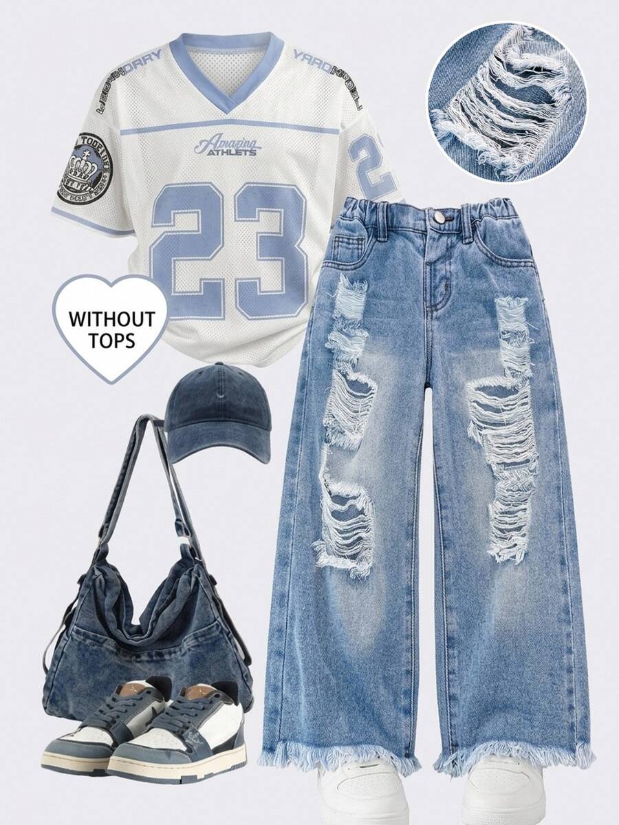 Young Girl Young Girl Girls' Blue Denim Loose Distressed Long Pants Cute Cowgirl Baddie New Year Outfit - Blue - View 1