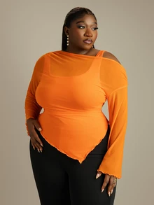 CurvyTilda Burnt Orange Plus Size Asymmetric Hem Flared Sleeve T-Shirt,Autumn Classy Night Out Club,Punk Korean Style,Vintage Goth Streetwear Women Basic Tops - Orange - View 1