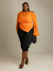CurvyTilda Burnt Orange Plus Size Asymmetric Hem Flared Sleeve T-Shirt,Autumn Classy Night Out Club,Punk Korean Style,Vintage Goth Streetwear Women Basic Tops - Orange - View 2