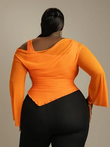 CurvyTilda Burnt Orange Plus Size Asymmetric Hem Flared Sleeve T-Shirt,Autumn Classy Night Out Club,Punk Korean Style,Vintage Goth Streetwear Women Basic Tops - Orange - View 5