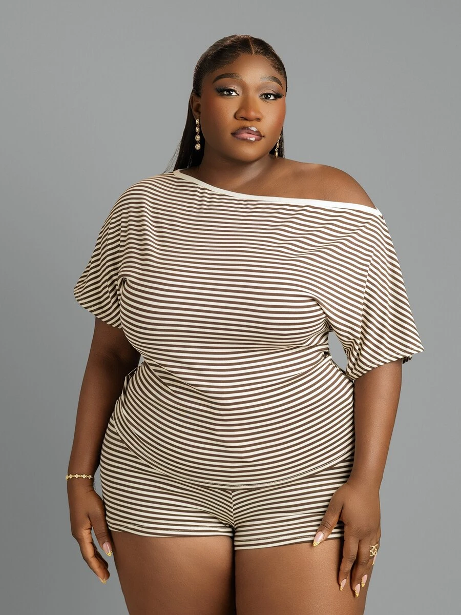 CurvyTilda Asymmetric Neck Asymmetric Short Sleeve T-Shirt + Shorts Striped Elegant Cute Vacation Casual Homewear Plus Size Women's Spring Summer 2-Piece Set - Coffee Brown - View 1