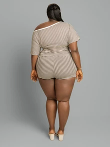 CurvyTilda Asymmetric Neck Asymmetric Short Sleeve T-Shirt + Shorts Striped Elegant Cute Vacation Casual Homewear Plus Size Women's Spring Summer 2-Piece Set - Coffee Brown - View 4