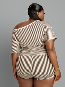 CurvyTilda Asymmetric Neck Asymmetric Short Sleeve T-Shirt + Shorts Striped Elegant Cute Vacation Casual Homewear Plus Size Women's Spring Summer 2-Piece Set - Coffee Brown - View 5