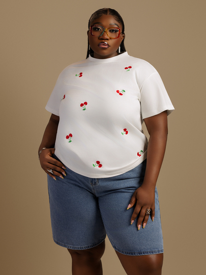 CurvyTilda Casual Cute Business Casual Cherry Embroidered Red And White Plus Size Short Sleeve T-Shirt, CoconutGirl, Girls Trip Office Night, Summer Clothes