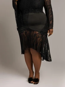 CurvyTilda Plus Size Women Sexy Elegant Lace Mesh Mermaid Skirt For Party, Spring/Summer Fall - Black - View 4
