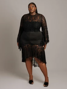 CurvyTilda Plus Size Women Sexy Elegant Lace Mesh Mermaid Skirt For Party, Spring/Summer Fall - Black - View 3