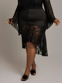 CurvyTilda Plus Size Women Sexy Elegant Lace Mesh Mermaid Skirt For Party, Spring/Summer Fall - Black - View 2