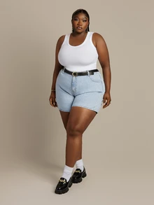 CurvyTilda Plus Size Women Fashion Versatile Bow Embroidery Denim Shorts - Light Wash - View 3