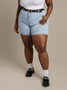 CurvyTilda Plus Size Women Fashion Versatile Bow Embroidery Denim Shorts - Light Wash - View 5