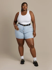 CurvyTilda Plus Size Women Fashion Versatile Bow Embroidery Denim Shorts - Light Wash - View 1
