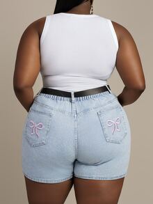 CurvyTilda Plus Size Women Fashion Versatile Bow Embroidery Denim Shorts - Light Wash - View 2