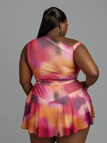 CurvyTilda Plus Size Women's Asymmetric Printed Top, Short Knit Mini Skirt - Multicolor - View 5