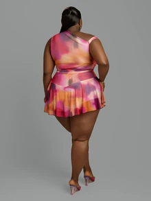 CurvyTilda Plus Size Women's Asymmetric Printed Top, Short Knit Mini Skirt - Multicolor - View 4