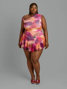 CurvyTilda Plus Size Women's Asymmetric Printed Top, Short Knit Mini Skirt - Multicolor - View 2
