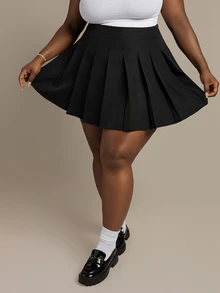 CurvyTilda Plus Solid Pleated Skirt Fall - Black - View 3