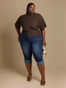 CurvyTilda Plus Size Autumn Casual Solid Color Batwing Sleeve T-Shirt Gym Brown Fall - Brown - View 2