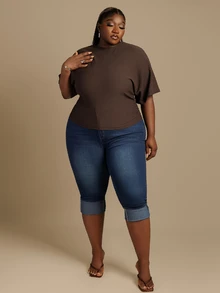 CurvyTilda Plus Size Autumn Casual Solid Color Batwing Sleeve T-Shirt Gym Brown Fall - Brown - View 3