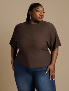 CurvyTilda Plus Size Autumn Casual Solid Color Batwing Sleeve T-Shirt Gym Brown Fall - Brown - View 1