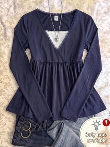 Teen Girls Teen Girl Autumn 2 In 1 Blue And White T-Shirt With Lace Trim, Casual Daily Versatile - Blue and White - View 2