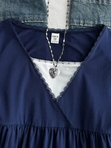 Teen Girls Teen Girl Autumn 2 In 1 Blue And White T-Shirt With Lace Trim, Casual Daily Versatile - Blue and White - View 4
