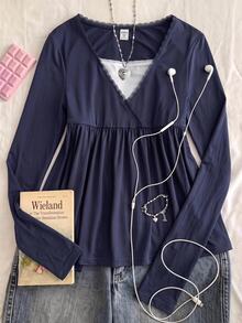 Teen Girls Teen Girl Autumn 2 In 1 Blue And White T-Shirt With Lace Trim, Casual Daily Versatile - Blue and White - View 5