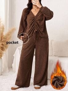 SHEIN LUNE Plus Size Women Solid Color V-Neck Pleated Top And Pants Casual Daily 2 Pieces Set Fall - Coffee Brown - View 5