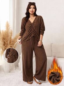 SHEIN LUNE Plus Size Women Solid Color V-Neck Pleated Top And Pants Casual Daily 2 Pieces Set Fall - Coffee Brown - View 12