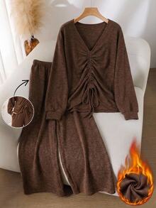 SHEIN LUNE Plus Size Women Solid Color V-Neck Pleated Top And Pants Casual Daily 2 Pieces Set Fall - Coffee Brown - View 2