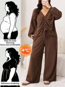 SHEIN LUNE Plus Size Women Solid Color V-Neck Pleated Top And Pants Casual Daily 2 Pieces Set Fall - Coffee Brown - View 1