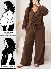 SHEIN LUNE Plus Size Women Solid Color V-Neck Pleated Top And Pants Casual Daily 2 Pieces Set Fall - Coffee Brown - View 11